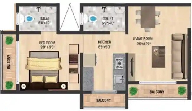 Floor plan of 1 BHK 386 Sq. Ft. Apartment in Laxmi Majestic, Thane