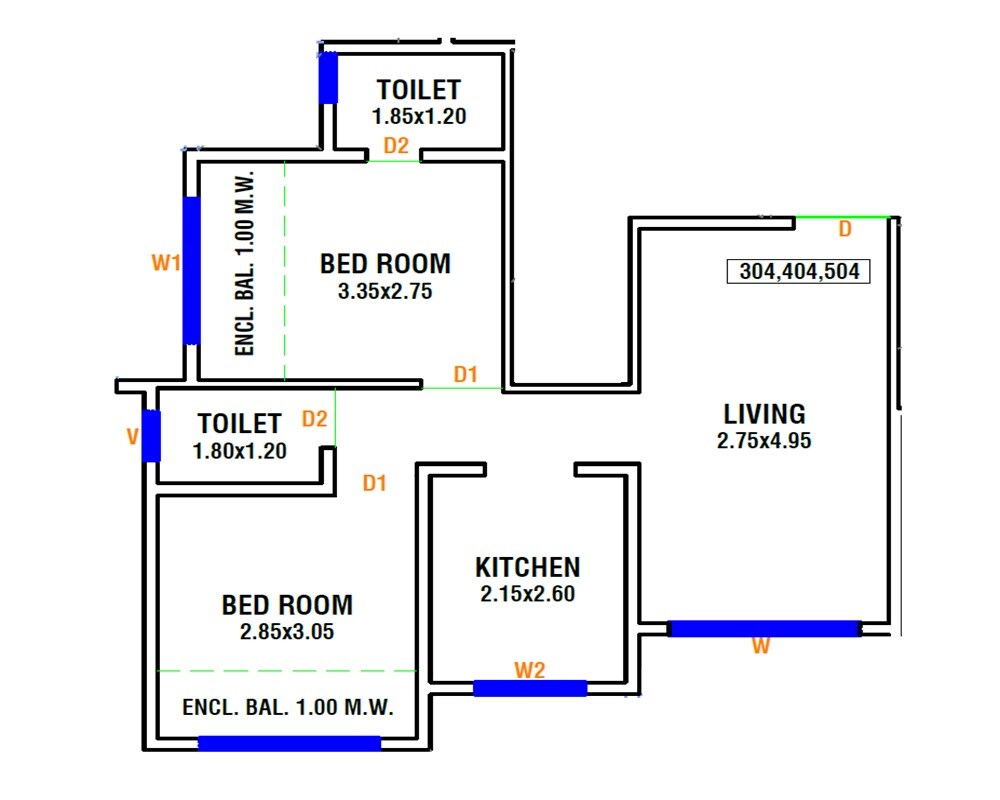 Floor plan of 2 BHK Apartment - 510 sq. ft. in Laxmi Pride, Thane