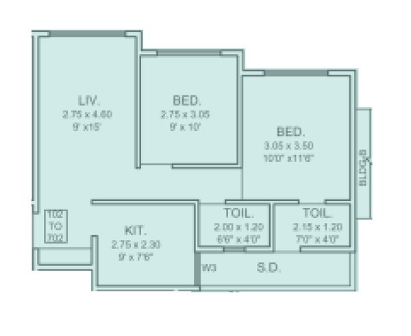 Floor plan of 2 BHK 590 Sq. Ft. Apartment in Laxmi Shankar Heights, Thane