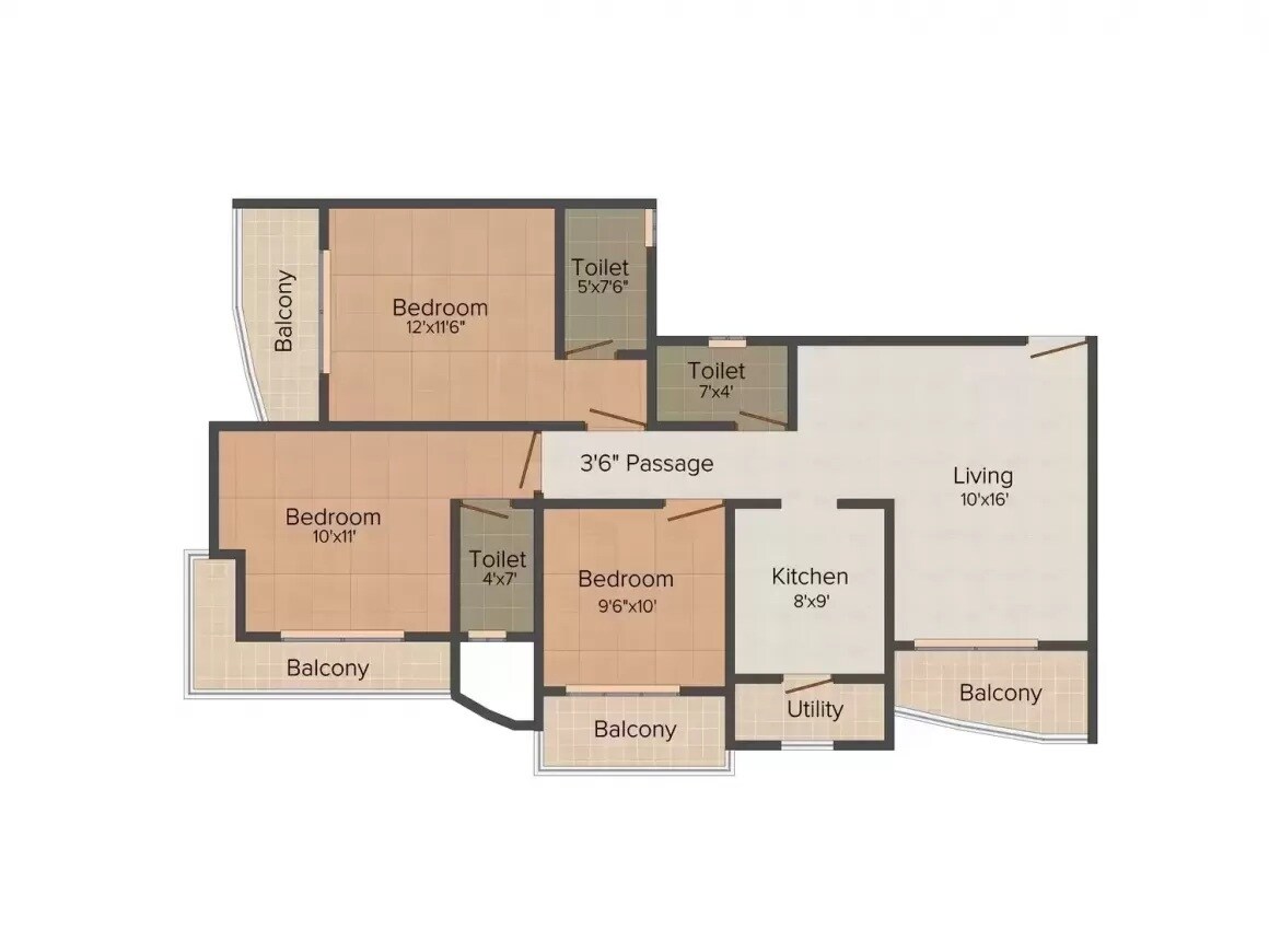 Floor plan of 3 BHK 1340 Sq. Ft. Apartment in Leena  Bhairav Residency, Thane