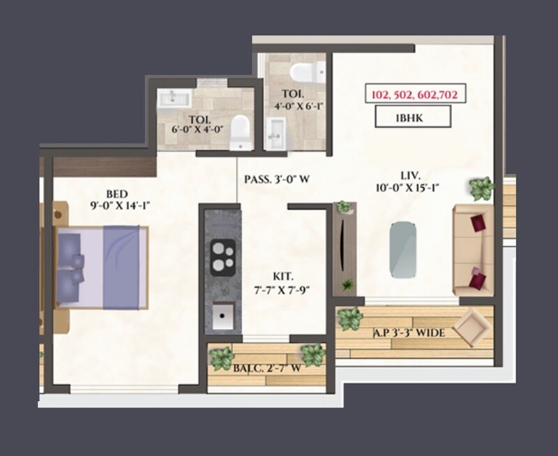 Floor plan of 1 BHK 425 Sq. Ft. Apartment in Leena Pride, Thane