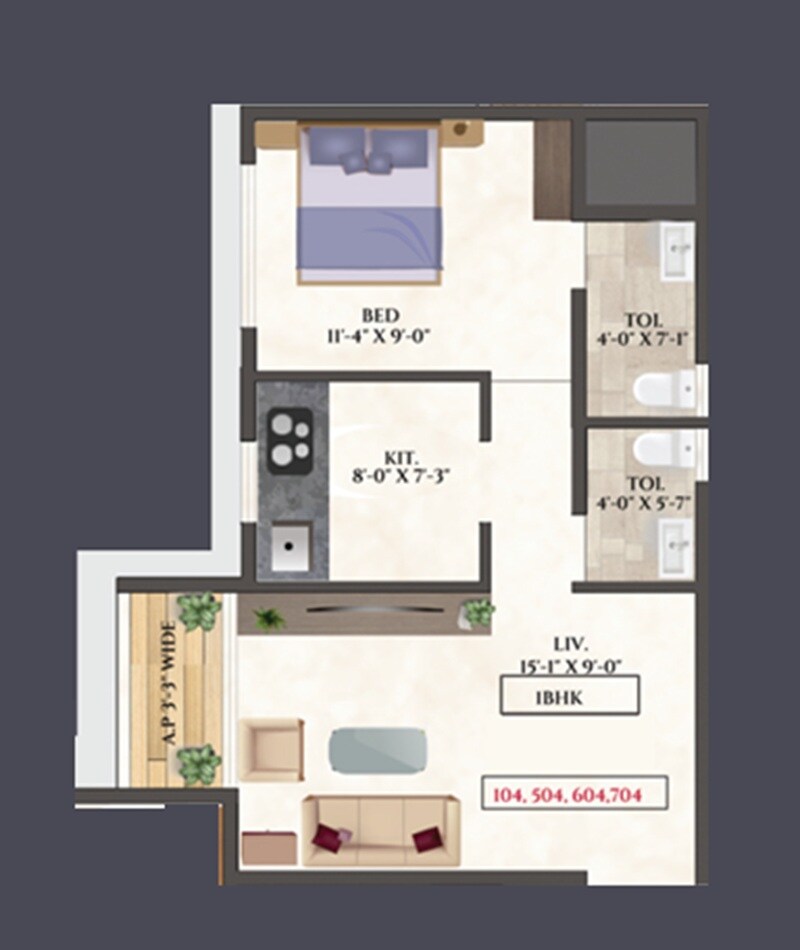 Floor plan of 1 BHK 456 Sq. Ft. Apartment in Leena Pride, Thane