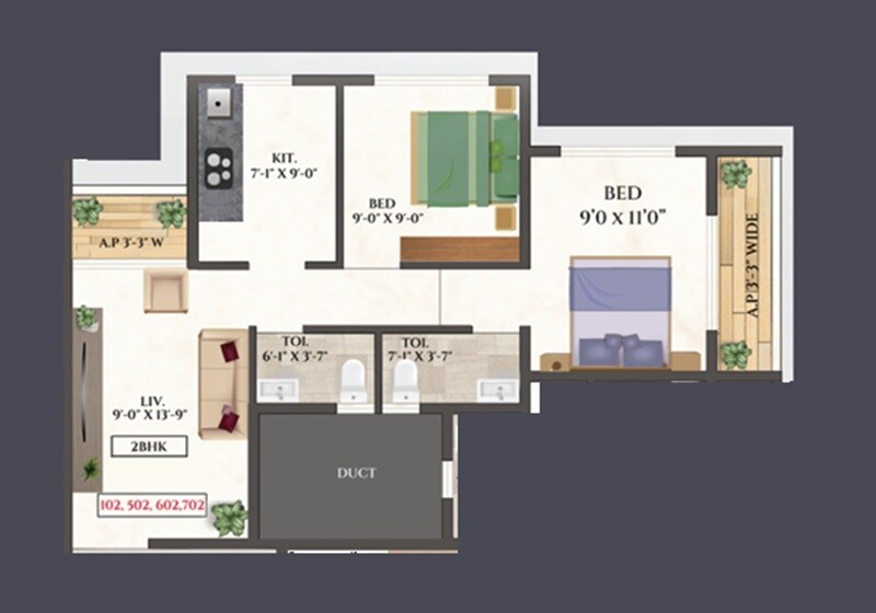 Floor plan of 2 BHK 520 Sq. Ft. Apartment in Leena Pride, Thane