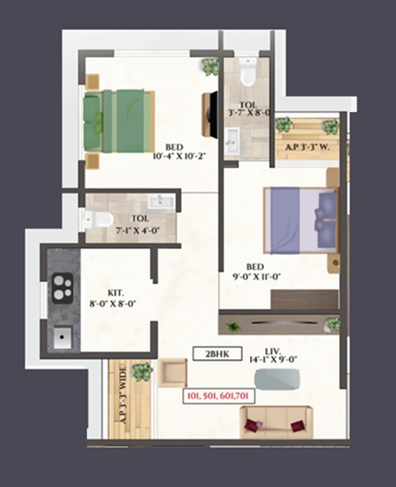 Floor plan of 2 BHK 646 Sq. Ft. Apartment in Leena Pride, Thane