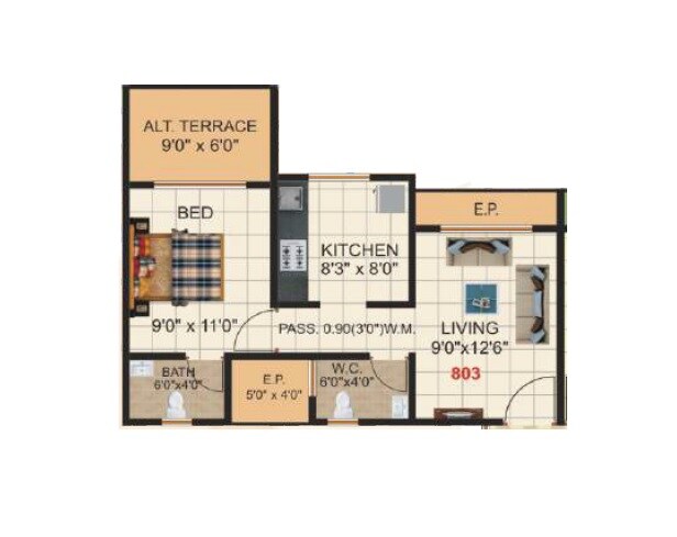 Floor plan of 1 BHK 435 Sq. Ft. Apartment in LJ Tanna Panoroma, Thane
