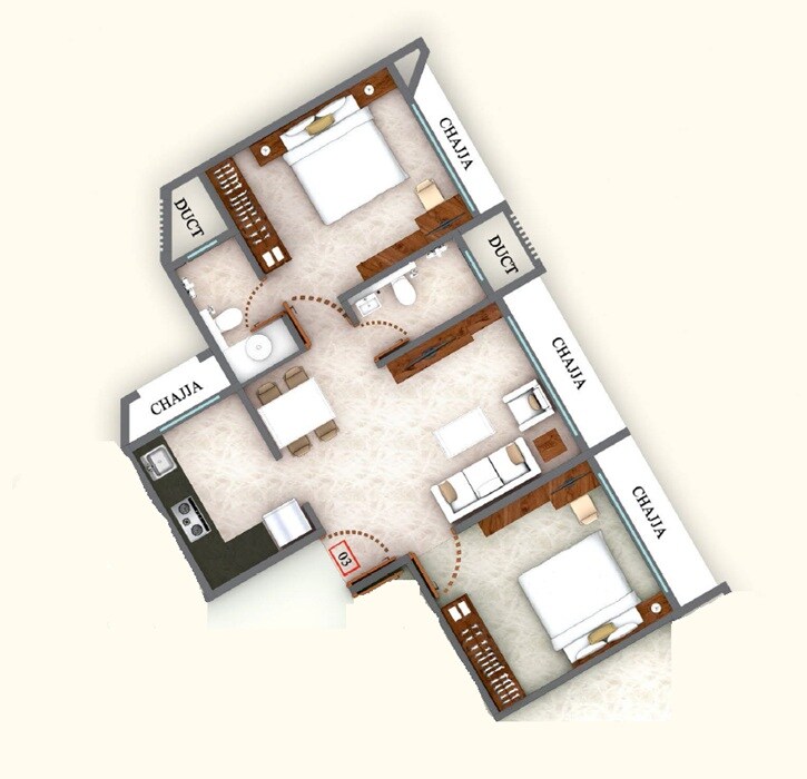 Floor plan of 2 BHK 540 Sq. Ft. Apartment in LJ Tanna Panoroma, Thane
