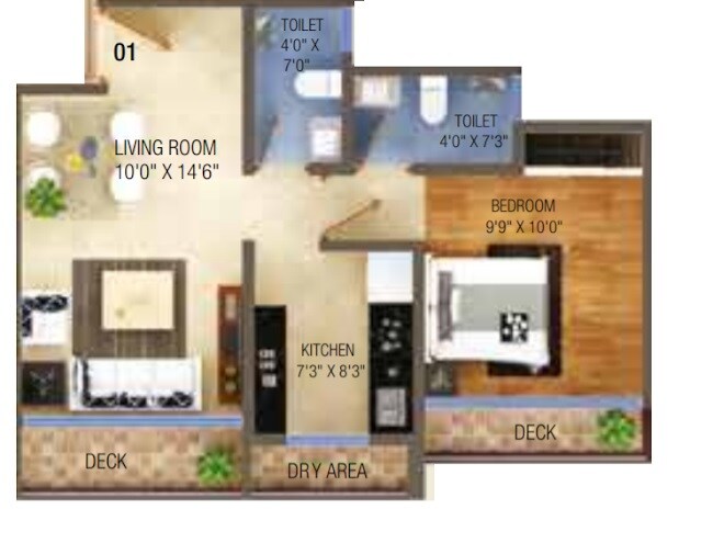 Floor plan of 1 BHK 420 Sq. Ft. Apartment in LM Tower, Thane