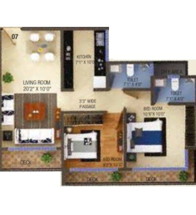 Floor plan of 2 BHK 590 Sq. Ft. Apartment in LM Tower, Thane