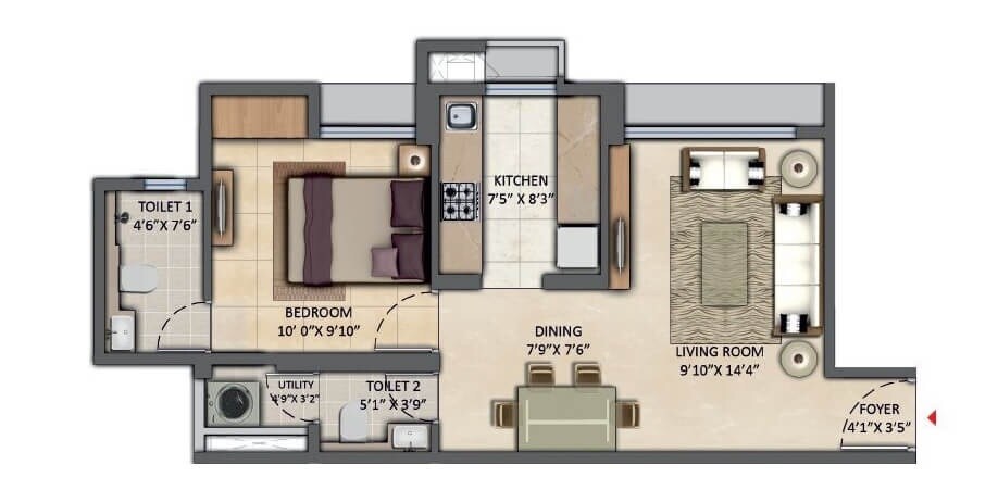 Floor plan of 1 BHK 398 Sq. Ft. Apartment in Lodha Amara Tower 32 And 33, Thane