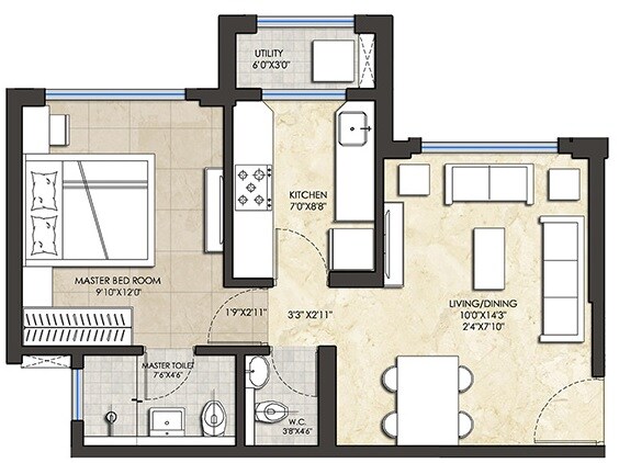 Floor plan of 1 BHK 366 Sq. Ft. Apartment in Lodha Amara Tower 36 And 37, Thane