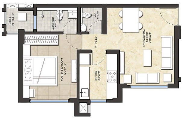 Floor plan of 1 BHK 609 Sq. Ft. Apartment in Lodha Amara Tower 36 And 37, Thane