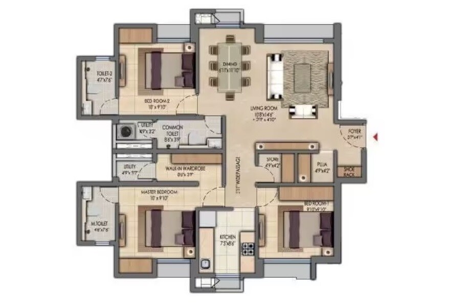 3 BHK 865 Sq. Ft. Apartment