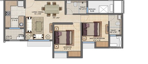 Floor plan of 2 BHK 850 Sq. Ft. Apartment in Lodha Anjur Upper Thane, Thane