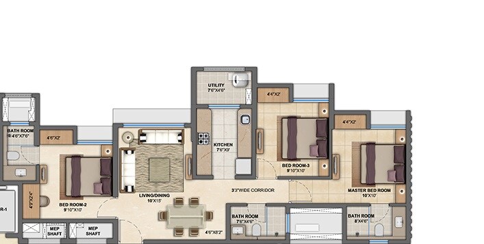 Floor plan of 3 BHK 1013 Sq. Ft. Apartment in Lodha Anjur Upper Thane, Thane