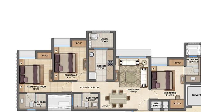 Floor plan of 3 BHK 875 Sq. Ft. Apartment in Lodha Anjur Upper Thane, Thane