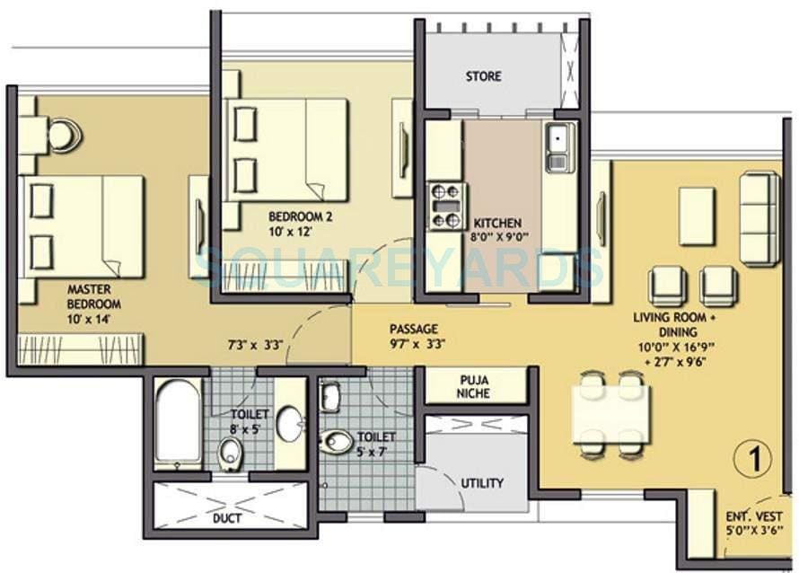 Floor plan of 2 BHK 1008 Sq. Ft. Apartment in Lodha Aqua, Thane