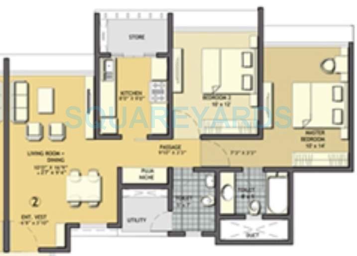 Floor plan of 2 BHK 1017 Sq. Ft. Apartment in Lodha Aqua, Thane