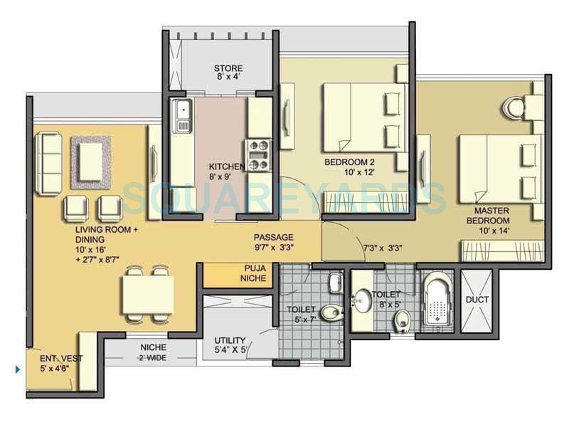 Floor plan of 2 BHK 1026 Sq. Ft. Apartment in Lodha Aqua, Thane