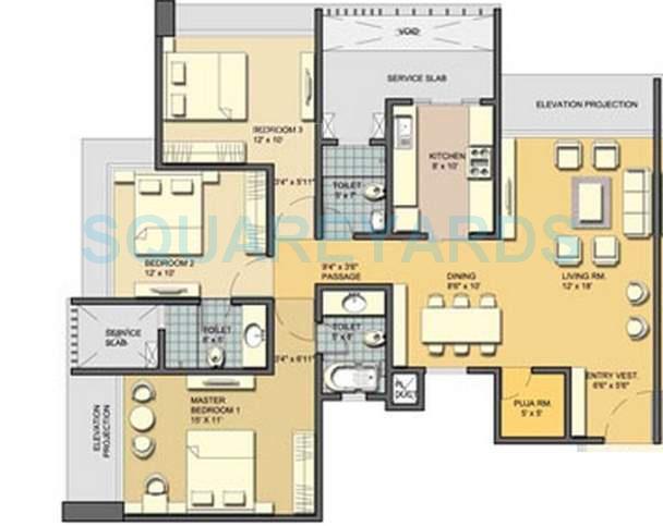 Floor plan of 3 BHK 1395 Sq. Ft. Apartment in Lodha Aqua, Thane