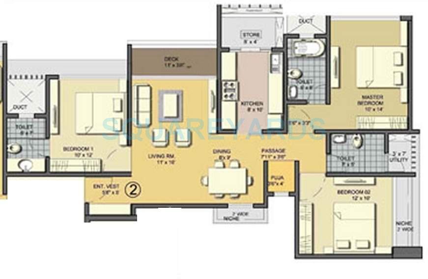 Floor plan of 3 BHK 1449 Sq. Ft. Apartment in Lodha Aqua, Thane
