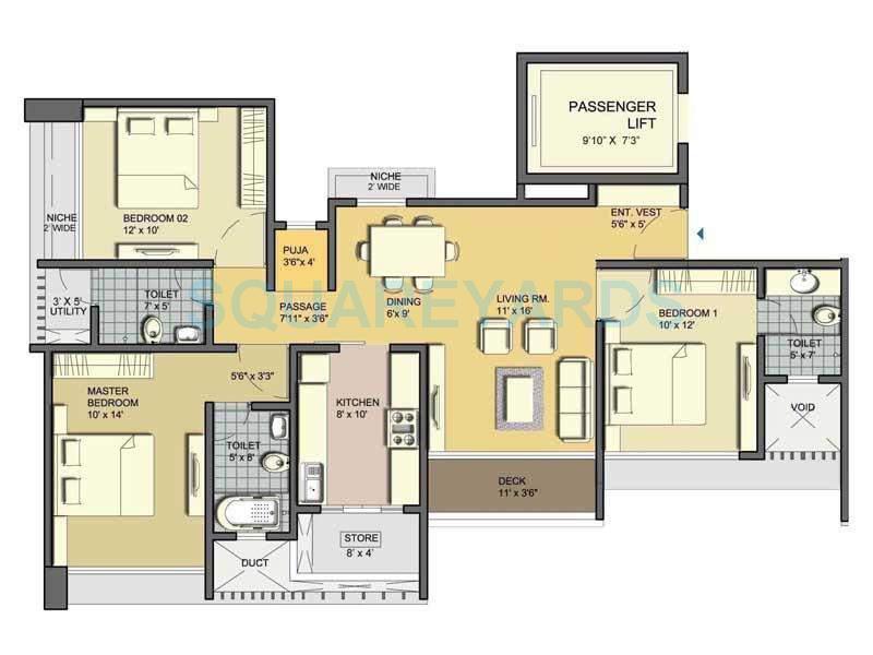 Floor plan of 3 BHK 1665 Sq. Ft. Apartment in Lodha Aqua, Thane