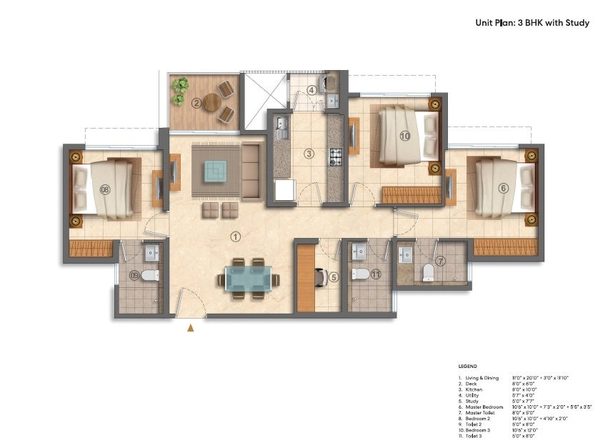 3 BHK 1047 Sq. Ft. Apartment