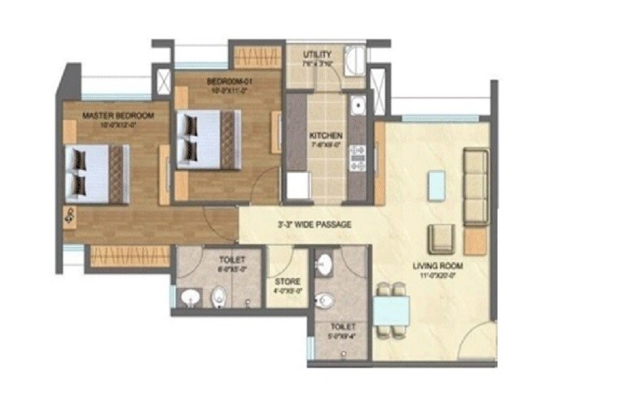Floor plan of 2 BHK 761 Sq. Ft. Apartment in Lodha Blockbuster, Thane