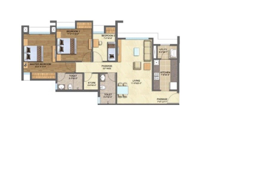 Floor plan of 3 BHK 805 Sq. Ft. Apartment in Lodha Blockbuster, Thane