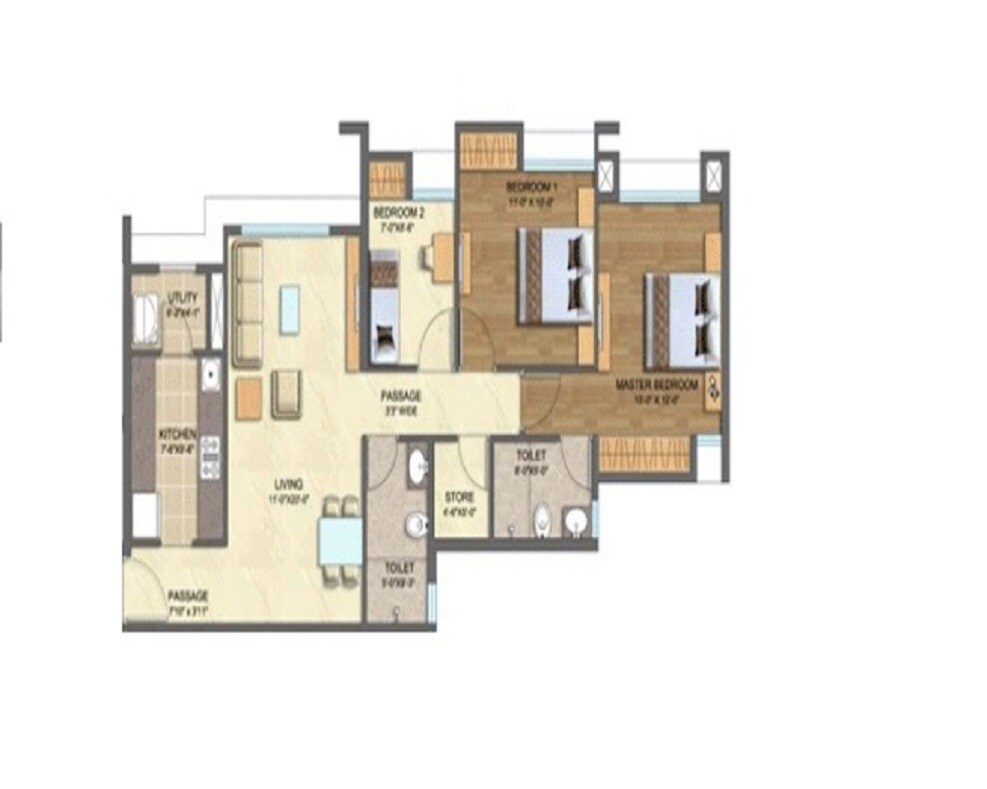 Floor plan of 3 BHK 1005 Sq. Ft. Apartment in Lodha Blockbuster, Thane