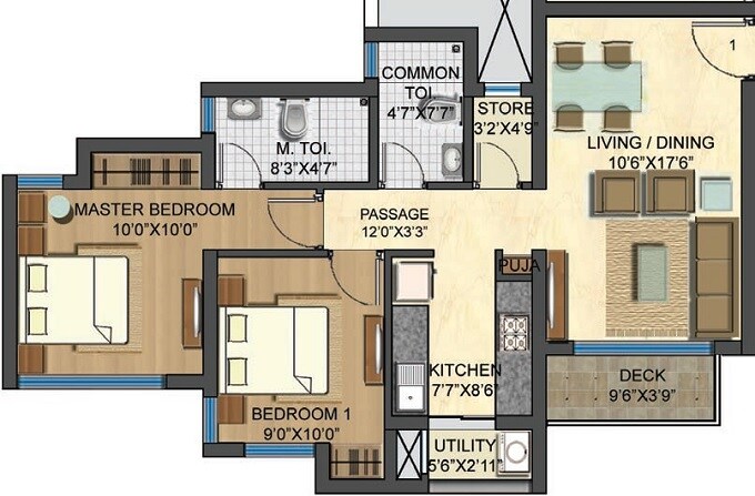 Floor plan of 2 BHK 1008 Sq. Ft. Apartment in Lodha Casa Bella, Thane