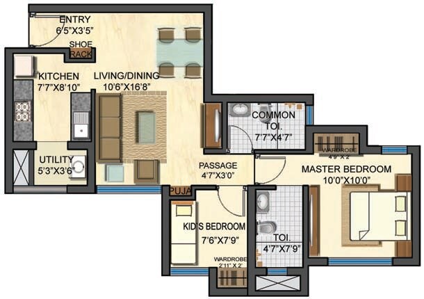 Floor plan of 2 BHK 864 Sq. Ft. Apartment in Lodha Casa Bella, Thane