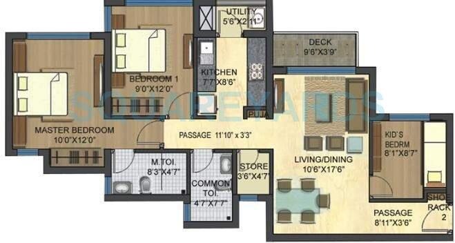 Floor plan of 3 BHK 1098 Sq. Ft. Apartment in Lodha Casa Bella, Thane