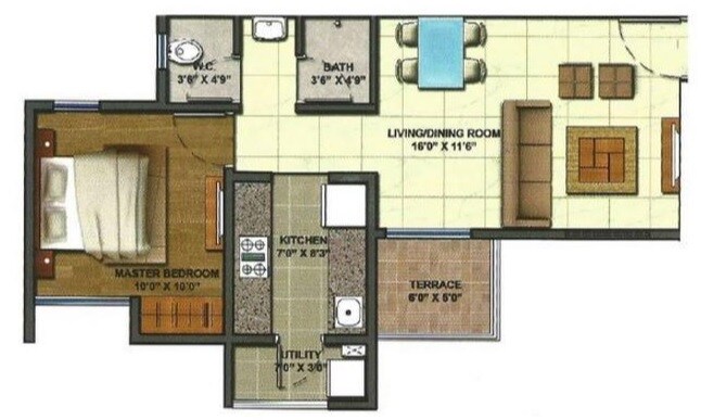 Floor plan of 1 BHK 334 Sq. Ft. Apartment in Lodha Casa Paseo, Thane