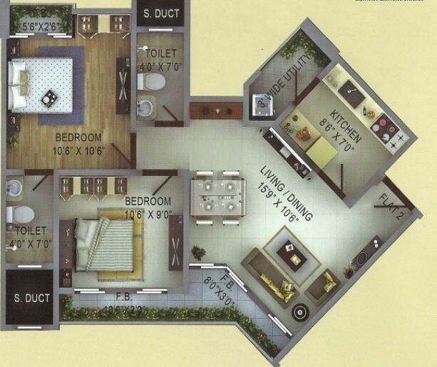 Floor plan of 2 BHK 1503 Sq. Ft. Apartment in Lodha Casa Prima, Thane