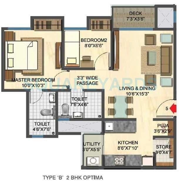 Floor plan of 2 BHK 1098 Sq. Ft. Apartment in Lodha Casa Rio, Thane