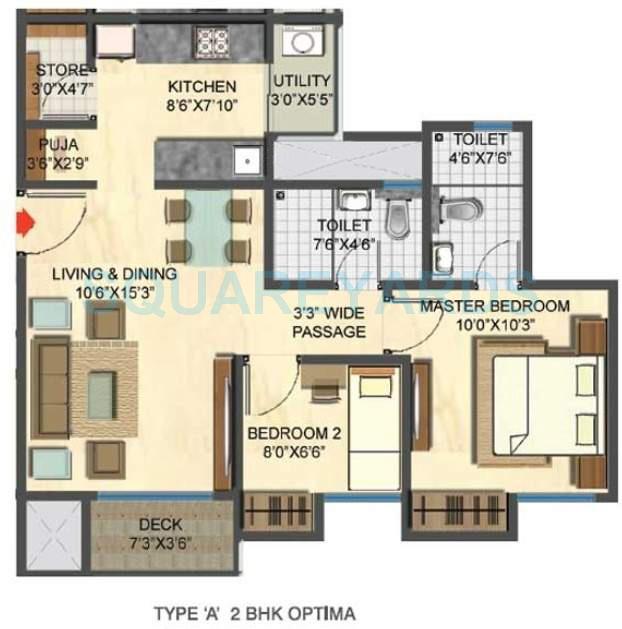 Floor plan of 2 BHK 963 Sq. Ft. Apartment in Lodha Casa Rio, Thane