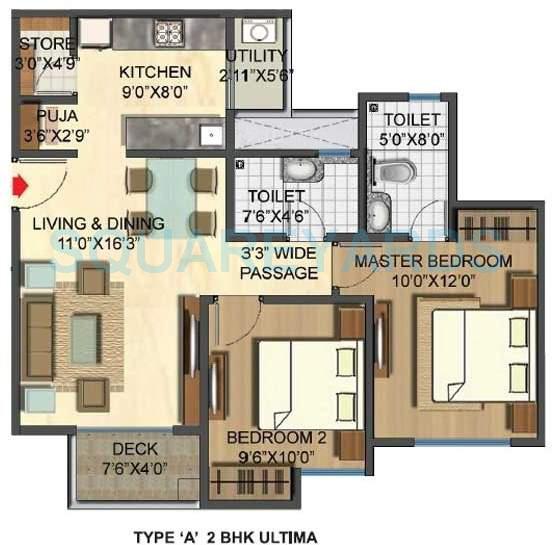 Floor plan of 2 BHK 873 Sq. Ft. Apartment in Lodha Casa Rio, Thane