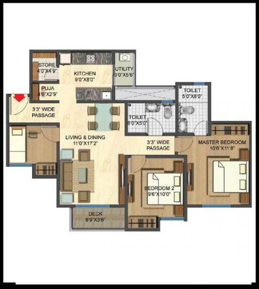 Floor plan of 3 BHK 1161 Sq. Ft. Apartment in Lodha Casa Rio, Thane