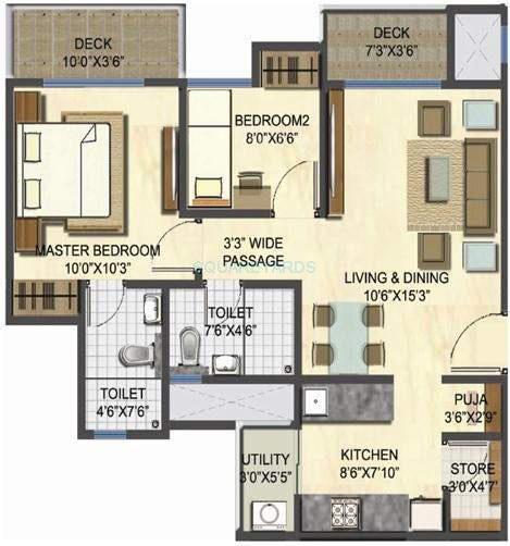 Floor plan of 2 BHK 864 Sq. Ft. Apartment in Lodha Casa Rio Gold, Thane