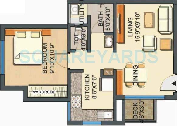 Floor plan of 1 BHK 585 Sq. Ft. Apartment in Lodha Casa Royale, Thane