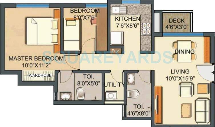 Floor plan of 2 BHK 972 Sq. Ft. Apartment in Lodha Casa Royale, Thane