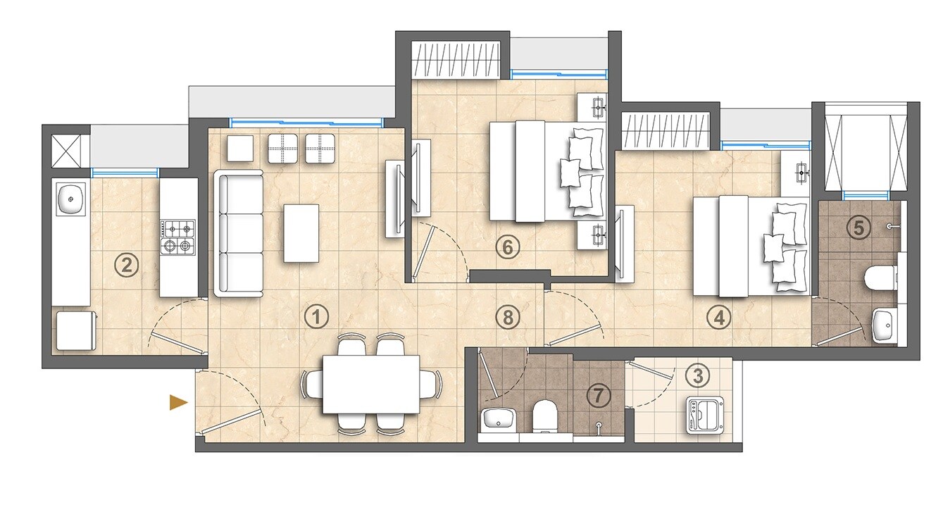 Floor plan of 2 BHK Apartment - 566 sq. ft. in Lodha Casa Supremo, Thane