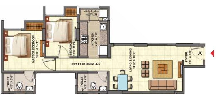 Floor plan of 2 BHK 595 Sq. Ft. Apartment in Lodha Casa Urbano, Thane