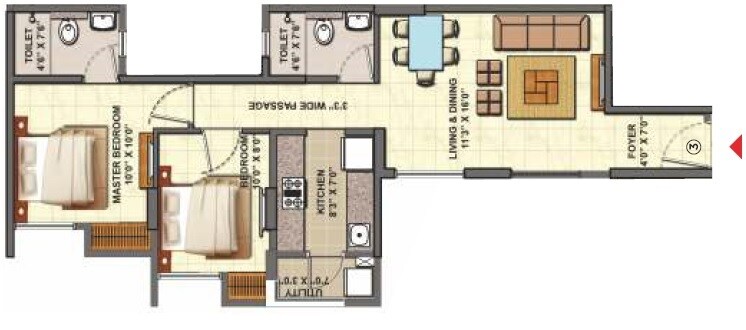 Floor plan of 2 BHK 669 Sq. Ft. Apartment in Lodha Casa Urbano, Thane