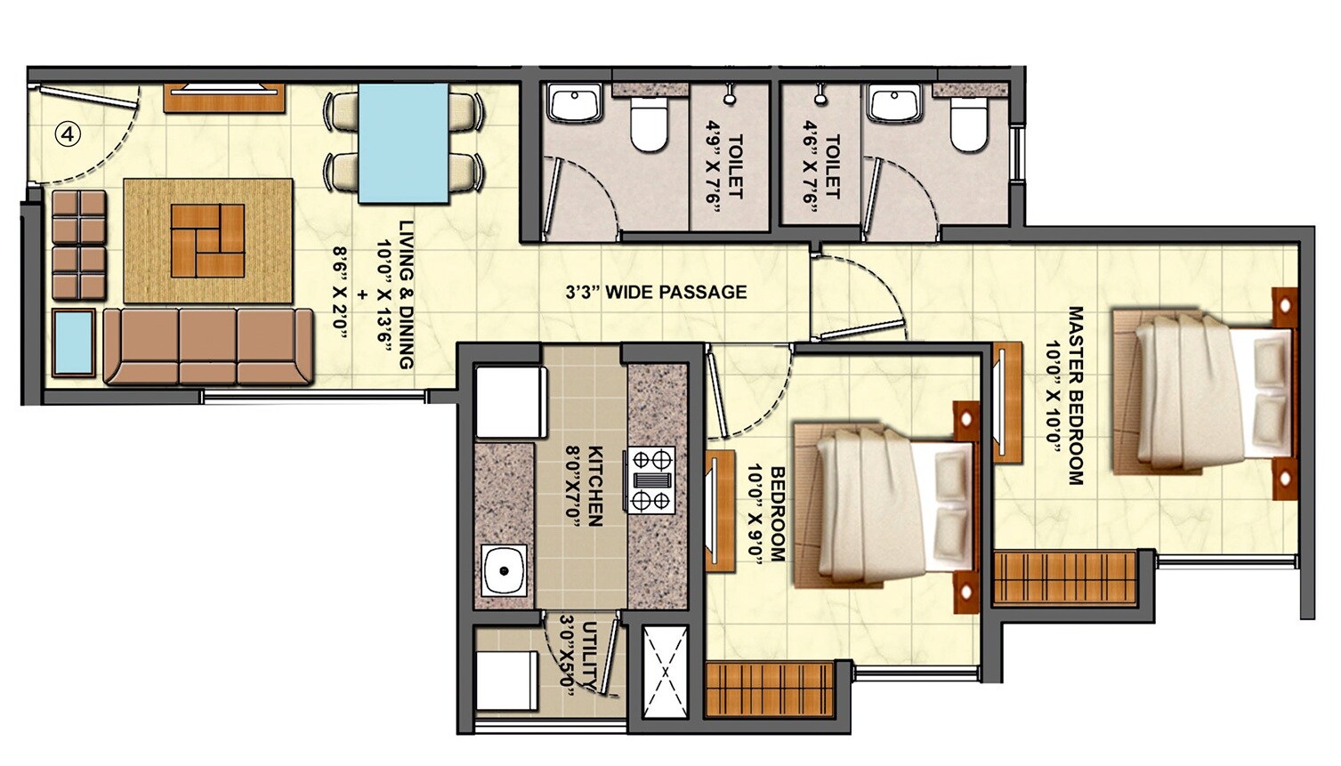 Floor plan of 2 BHK 766 Sq. Ft. Apartment in Lodha Casa Urbano, Thane