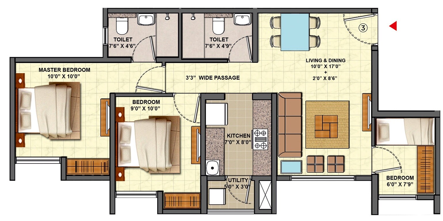 Floor plan of 3 BHK 788 Sq. Ft. Apartment in Lodha Casa Urbano, Thane
