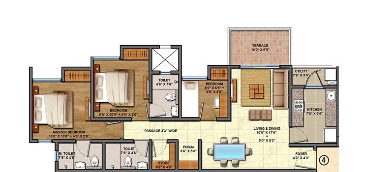 Floor plan of 3 BHK 885 Sq. Ft. Apartment in Lodha Casa Urbano, Thane