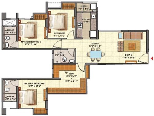 Floor plan of 3 BHK 927 Sq. Ft. Apartment in Lodha Casa Urbano, Thane