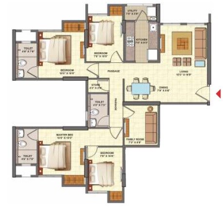 Floor plan of 4 BHK 1247 Sq. Ft. Apartment in Lodha Casa Urbano, Thane