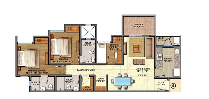 Floor plan of 3 BHK 839 Sq. Ft. Apartment in Lodha Casa Vista, Thane